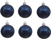 6x Donkerblauwe glazen kerstballen 8 cm - Glans/glanzende - Kerstboomversiering donkerblauw