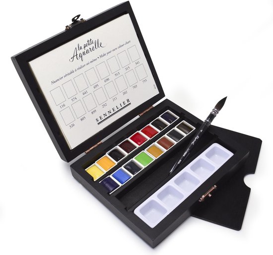 Coffret bois Sennelier aquarelle 16 demi-casseroles + accessoires
