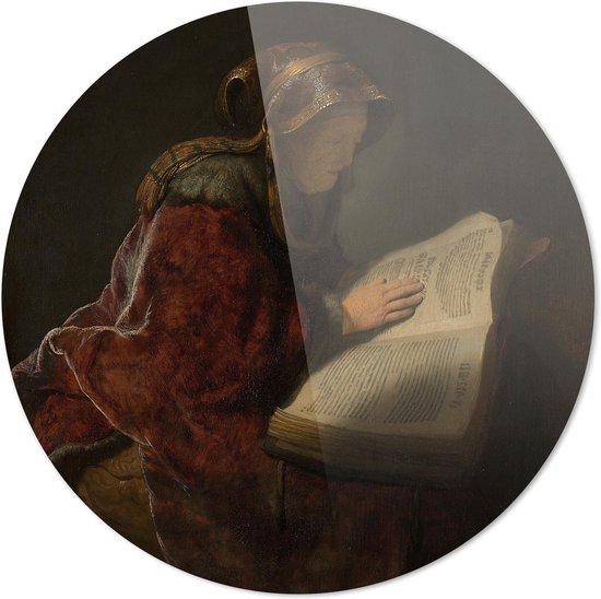 Oude lezende vrouw, waarschijnlijk de profetes Hanna | Rembrandt van Rijn | Rond Plexiglas | Wanddecoratie | 40CM x 40CM | Schilderij | Oude meesters | Foto op plexiglas