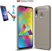 Samsung Galaxy M20 Carbone Brushed Tpu Grijs Cover Case Hoesje - 1 x Tempered Glass Screenprotector