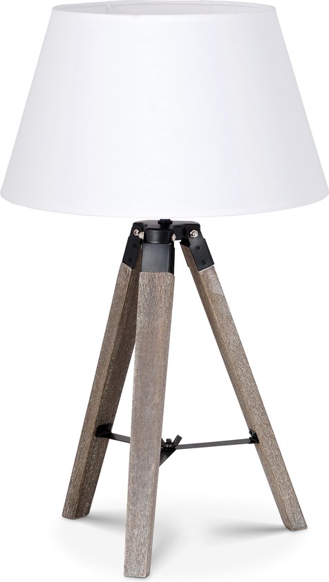 Home Sweet Home tafellamp Largo - tafellamp Hout vintage natuur inclusief lampenkap - lampenkap 30/20/17cm - tafellamp hoogte 56 cm - geschikt voor E27 LED lamp - wit