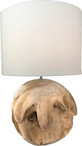 Stoere landelijke houten lamp Oliver Teak Tafellamp - Teak bal massief met ronde witte lampenkap