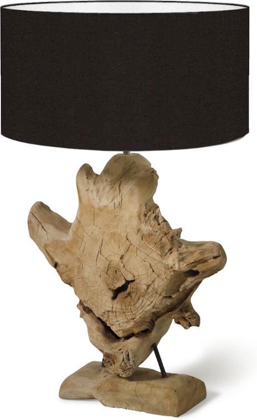 Landelijke teak houten lamp Sarabi Teak Tafellamp - Bruine lampenvoet met  zwarte lampenkap | bol.com