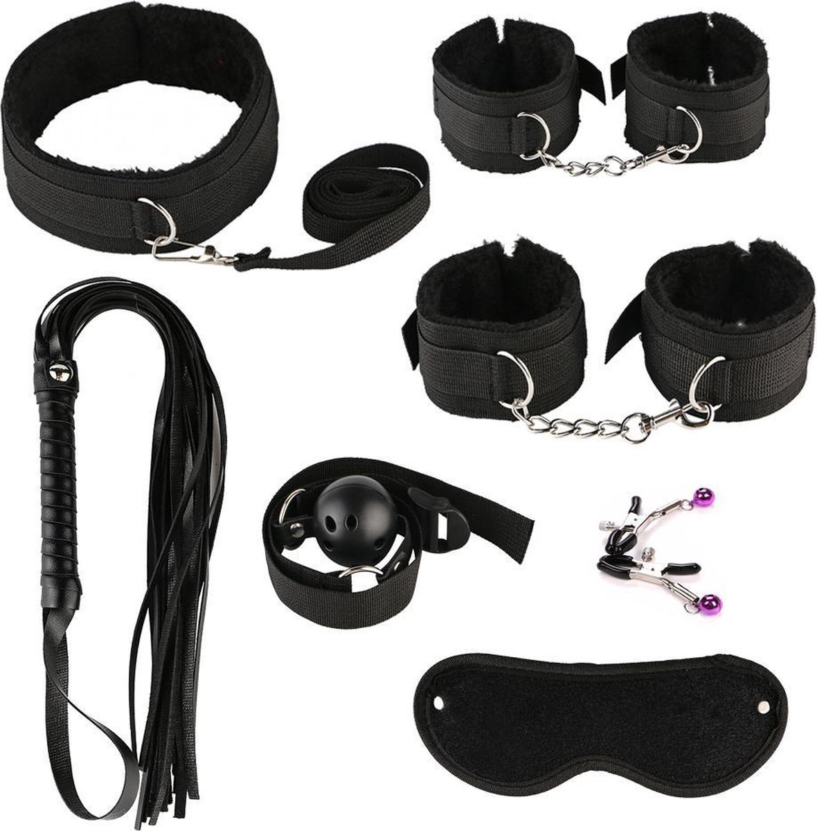 Goedkoopste 7-Delige Set BDSM Set - Handboeien - Zweep - Sekspeeltjes - Sex Toys - Zwart