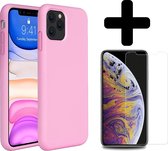 Hoes voor iPhone 11 Pro Hoesje Siliconen Case Cover Roze Met Screenprotector Glas