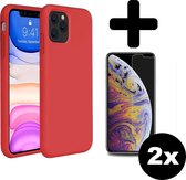Hoes voor iPhone 11 Pro Max Hoesje Siliconen Case Cover Rood Met 2x Screenprotector Gehard Glas