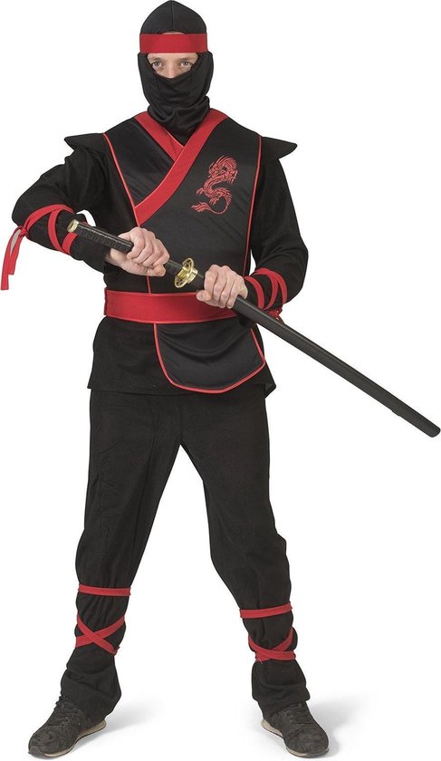Funny Fashion - Ninja & Samurai Kostuum - Rood Zwarte Ninja Strijder Vol Doodsverachting - Man - Rood, Zwart - Maat 60-62 - Carnavalskleding - Verkleedkleding