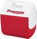 Witte koelbox met rood voorpaneel en 'Playmate Igloo' logo, zijaanzicht.