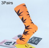 3 Pairs High Tube Hemp Leaves Female Men Trend Wild Maple Leaf Students Cotton European and American Style Socks(Orange and Black)