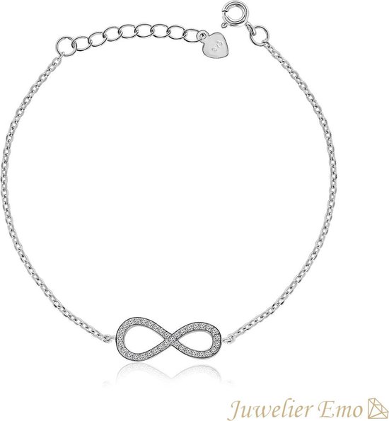 Juwelier Emo - Infinity armband met Zirkonia's - Zilveren Armband Dames - LENGTE 20 CM