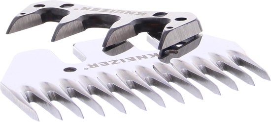 Zilveren scheermessen met KNEIZER-logo, met scherpe tanden.