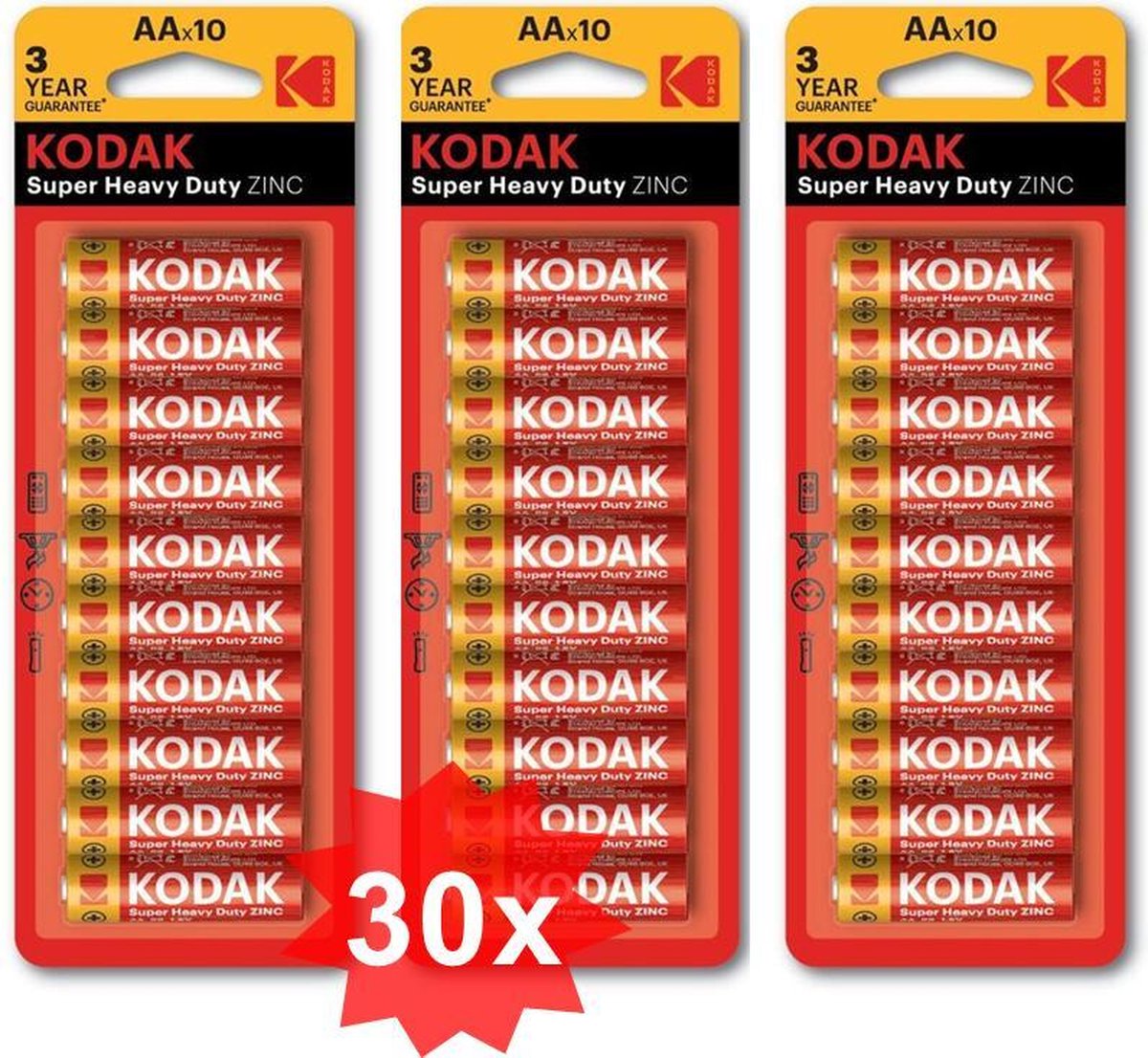 Kodak ZINC Super Heavy Duty LR6 / AA / R6 / MN 1500 1.5V Alkaline batterij - 30 Stuks (3 Blisters a 10St)