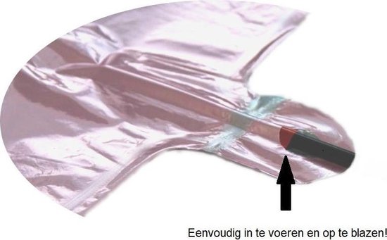 Close-up van de dop van een ballon, met tekst 'Eenvoudig in te voeren en op te blazen'.