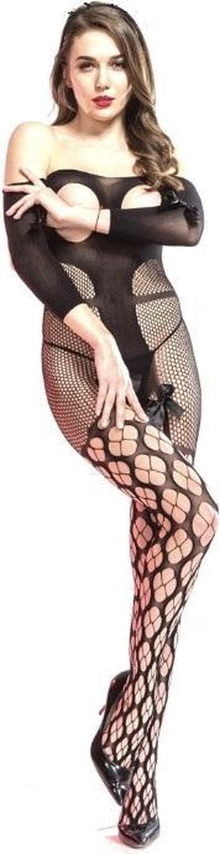 Cindylove - Sexy catsuit met open cups en strikjes - Zwart