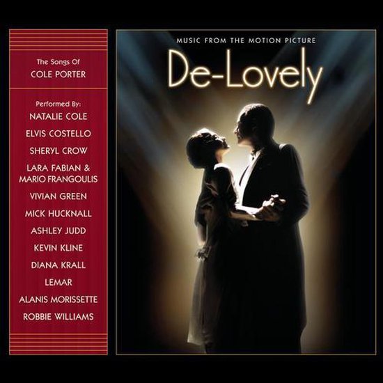 Albumhoes van de film "De-Lovely", met een stel dat danst. Lijst van uitvoerende artiesten op de linkerstrook.
