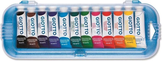 Giotto tempera verf in een blauw transparant koffer. Twaalf tubes met verschillende kleuren, elk 7,5 ml.