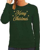 Foute Kersttrui / sweater - Merry Christmas - goud / glitter - groen - dames - kerstkleding / kerst outfit M (38)