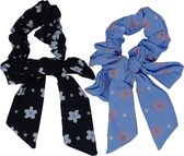 Jessidress Scrunchie met Bloemen print Haar elastieken Scrunchies met Strikje - Zwart/Blauw