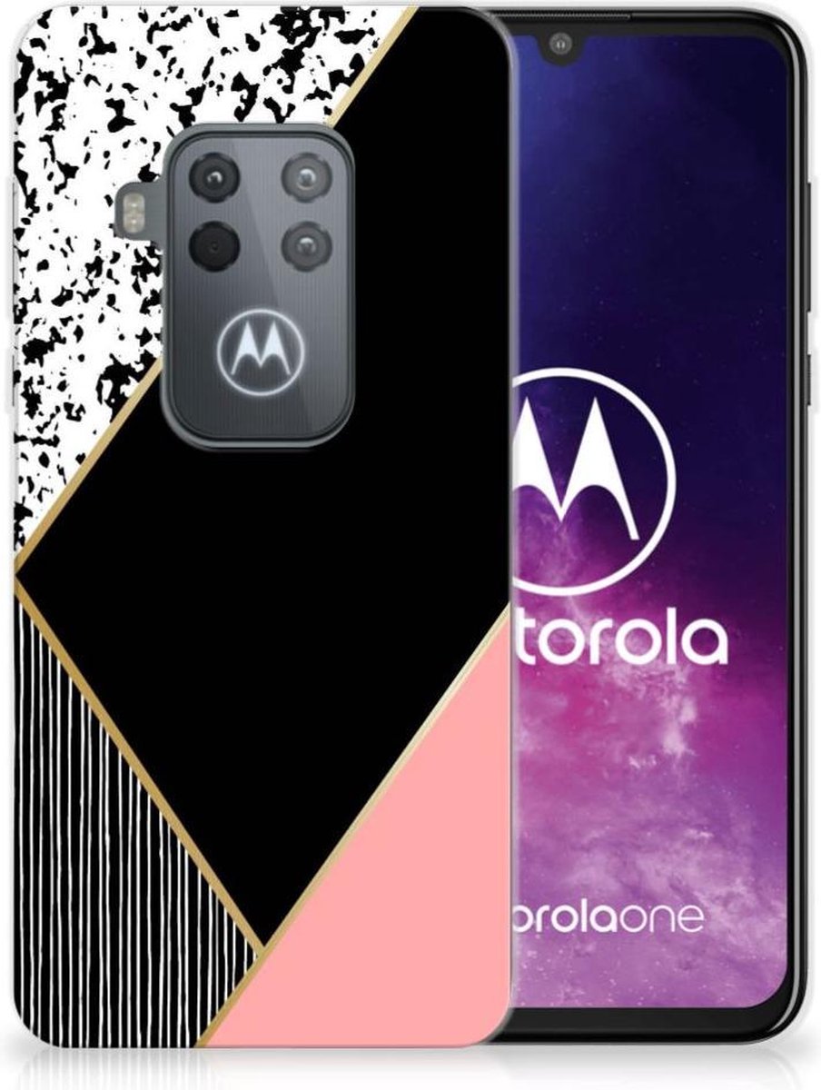 Motorola One Zoom TPU Hoesje Zwart Roze Vormen