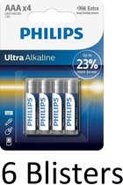 24 Stuks (6 Blisters a 4 st) Philips AAA Ultra Alkaline Batterijen