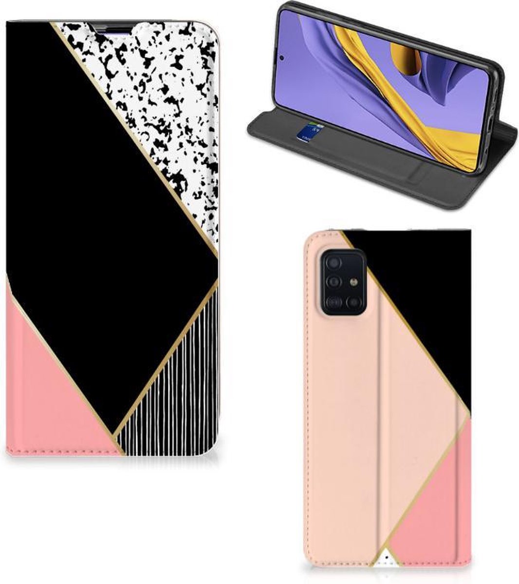 Samsung Galaxy A51 Stand Case Zwart Roze Vormen