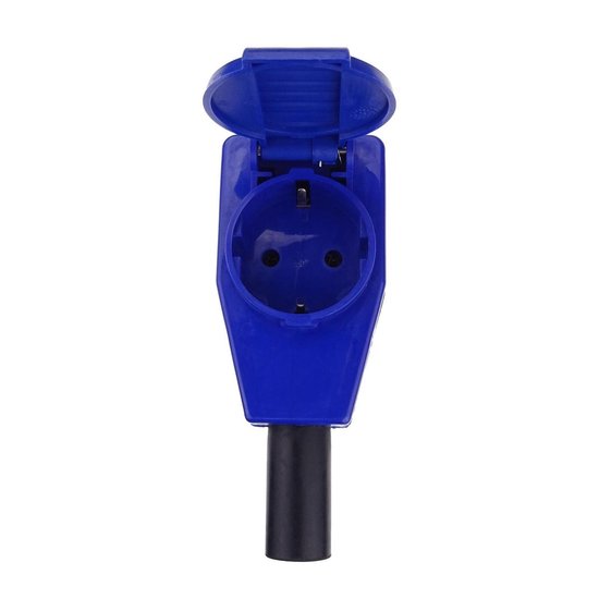 Blauwe haakse CEE-stopcontact met openklapbare kap en drie ronde gaten.