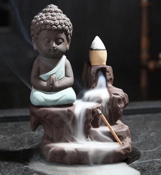 Brûleur / porte-encens à refoulement cascade moine en céramique verte  Bouddha | bol