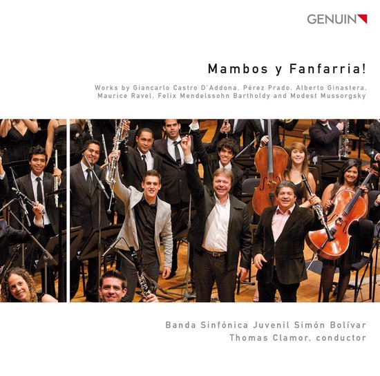 Een symfonisch orkest met musici in pakken die instrumenten vasthouden, waaronder een cello en klarinetten. De titel "Mambos y Fanfarria!" staat bovenaan.