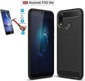 Huawei P20 Lite Carbone Brushed Tpu Zwart Cover Case Hoesje - 1 x Tempered Glass Screenprotector CTBL