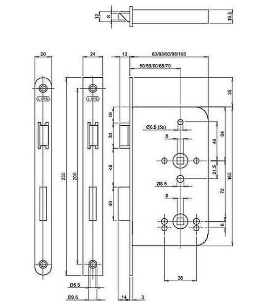 Serrure de salle de bain Lips WC série 8 x 72mm 248617T2450