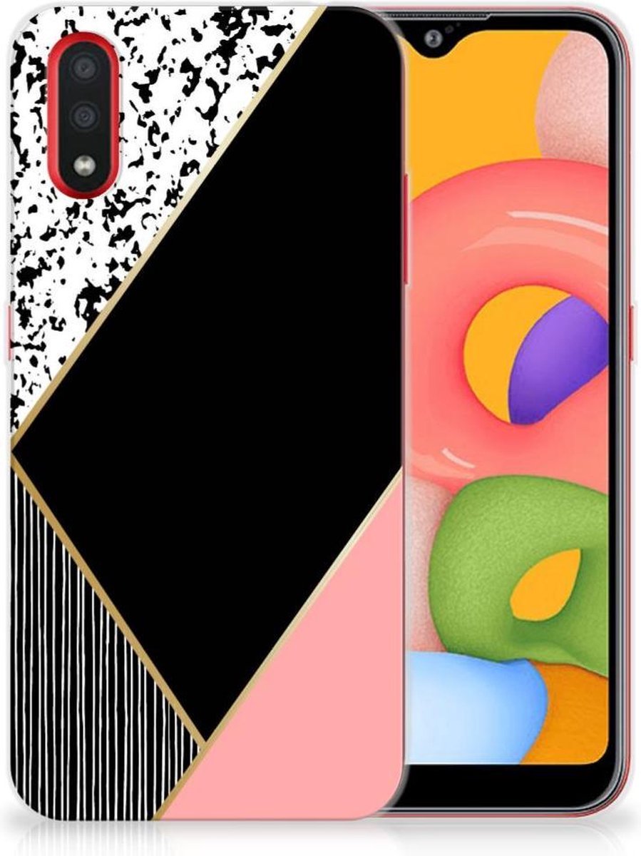 Samsung Galaxy A01 TPU Hoesje Zwart Roze Vormen