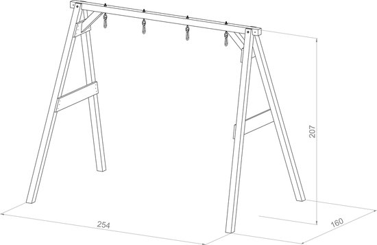Schematische tekening van een houten schommelframe met afmetingen.