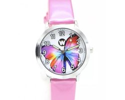 foto van Meisjes horloge roze met Vlinder afbeelding en leer bandje