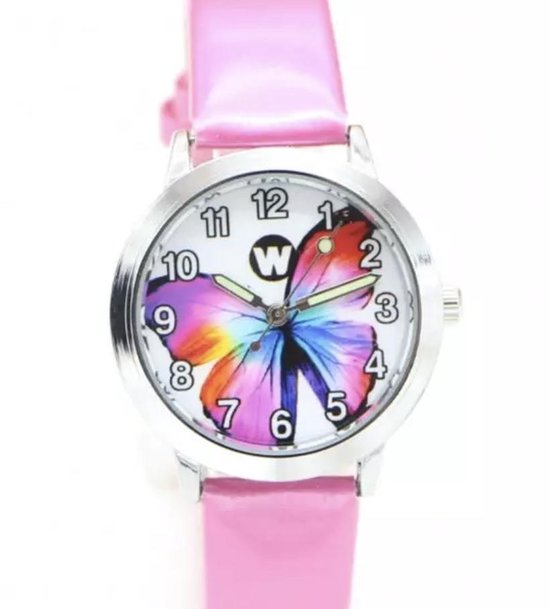 komen Konijn gas Meisjes horloge roze met Vlinder afbeelding en leer bandje | bol.com