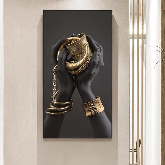 Canvas Schilderij * Afrikaanse Vrouwenhand met Gouden Sieraden * - Kleur Goud-Zwart - XL 70 x 140 cm