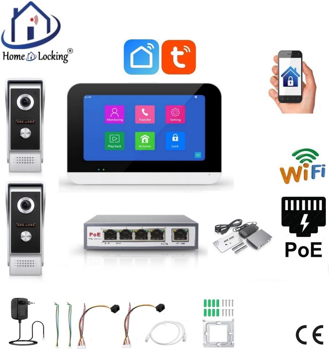Smart WIFI deur intercom 2 videodeurbellen en 1 touchscreen en switch. T-2301-2-1S