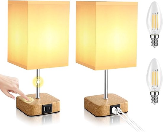 Kioooki Bedlampje Touch Dimbaar met 3 Helderheidsniveaus, Set van 2 LED Bedlampjes met Oplaadfunctie USB en Type C Aansluitingen, Nachtlampje met Houtnerf en Warm Witte E14 Lampen [Energieklasse E]