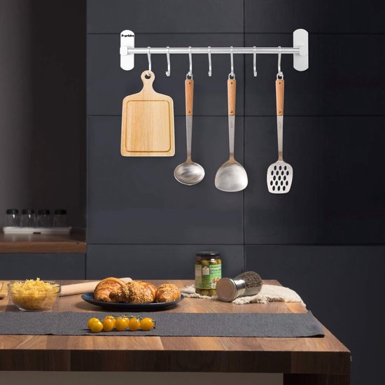 QWORK® Keukengereihouder keukenhakenrek 40cm, keukenhakenrek zonder boren, zelfklevende keukenrail met 7 haken, aluminium keukengereihouder