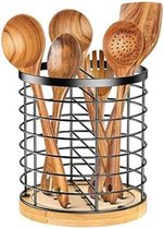 Lepelpot - Spatelpot - Utensils pot - Keukengerei houder - Keukengerei pot - ‎18 x 15 x 15 cm - Zwart - Metaal + Bamboe