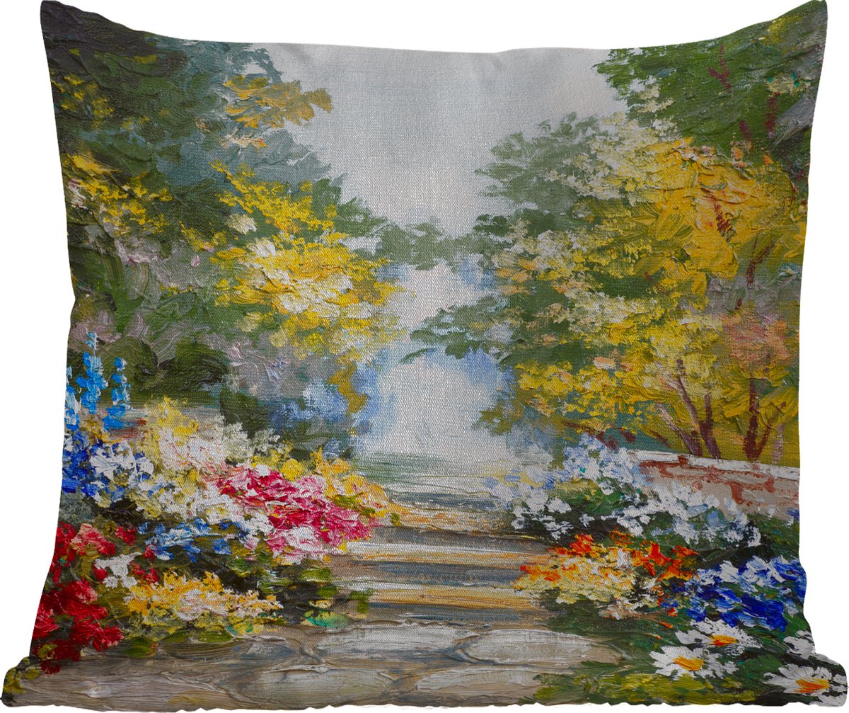 Sierkussen Buiten - Schilderij - Bloemen - Natuur - Olieverf - 60x60 cm - Weerbestendig