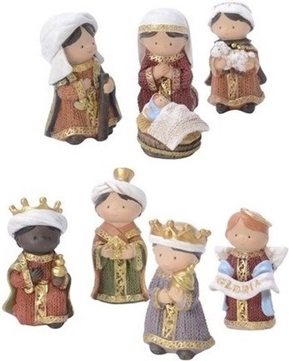 Decoris Kerststal beeldjes voor kinderen - 8x st - aardewerk - 8 cm - kinderkamer kerstfiguren