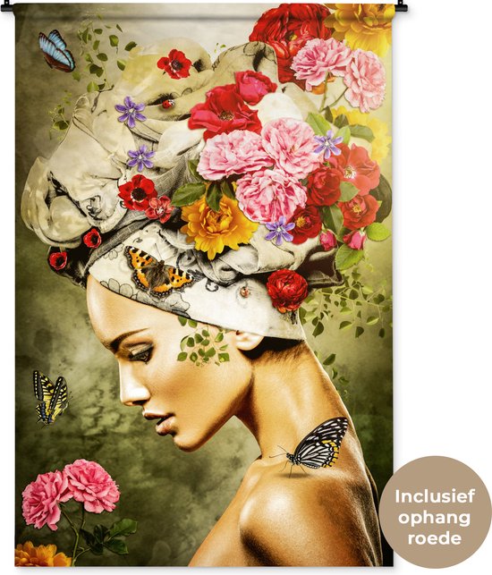 Wandkleed - Vrouw - Bloemen - Vlinder - Hoofddoek - Groen - Muurkleed - Katoen - Woondecoratie - Woonkamer - Wandtapijt - 120x180 cm - Tapestry - Wandkleden voor binnen - Muurdecoratie - Wandkleden - Wanddoek