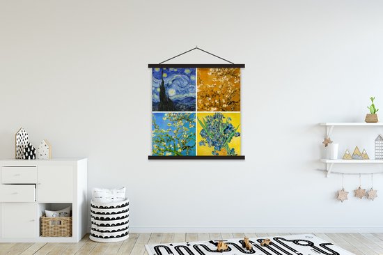 Posterhanger incl. Poster 90x90 cm - Schoolplaat - Van Gogh - Sterrennacht - Collage - Textielposter - Zwarte latten