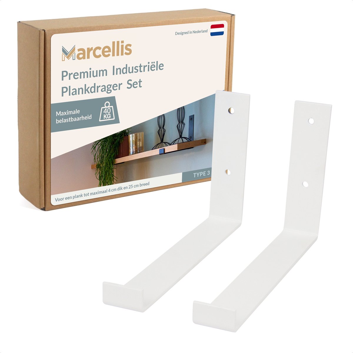 Marcellis - 2x Industriële plankdrager - Voor plank 25cm + schroefset - mat wit - staal - T4