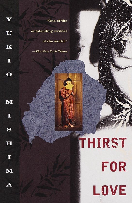 Boekcover met de titel 'Thirst for Love' van Yukio Mishima. Een kleine afbeelding in het midden toont een vrouw in een rode kimono.