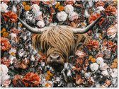 Tuinposter - Tuindoek - Tuinposters buiten - Schotse hooglander - Bloemen - Oranje - 120x90 cm - Tuin