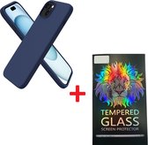 Solid hoesje Soft Touch Liquid Silicone + 1X Screenprotector Tempered Glass [Camera all-round bescherming] - Geschikt voor: iPhone 15 Plus - Middernachtblauw