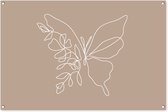 Tuinposter 120x80 cm - Tuindecoratie - Line Art - Vlinder - Bloemen - Vlinders - Taupe - Muurdecoratie voor buiten - Schutting decoratie - Tuin accessoires - Tuindoek - Buitenposter