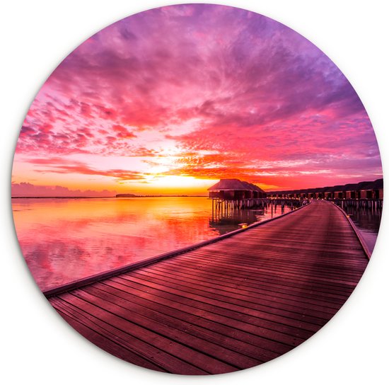 Cercle mural - Cercle mural - Jetée - Horizon - Rose - Soleil - Mer - Plastique - Tableaux ronds - 60x60 cm - Décoration murale ronde - Décoration murale ronde