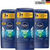 Nivea Men Fresh Kick Deodorant - 3x50 ml - Freshness Boost met Cactuswater - Nivea Deodorants - Deodorant Man Voordeelverpakking